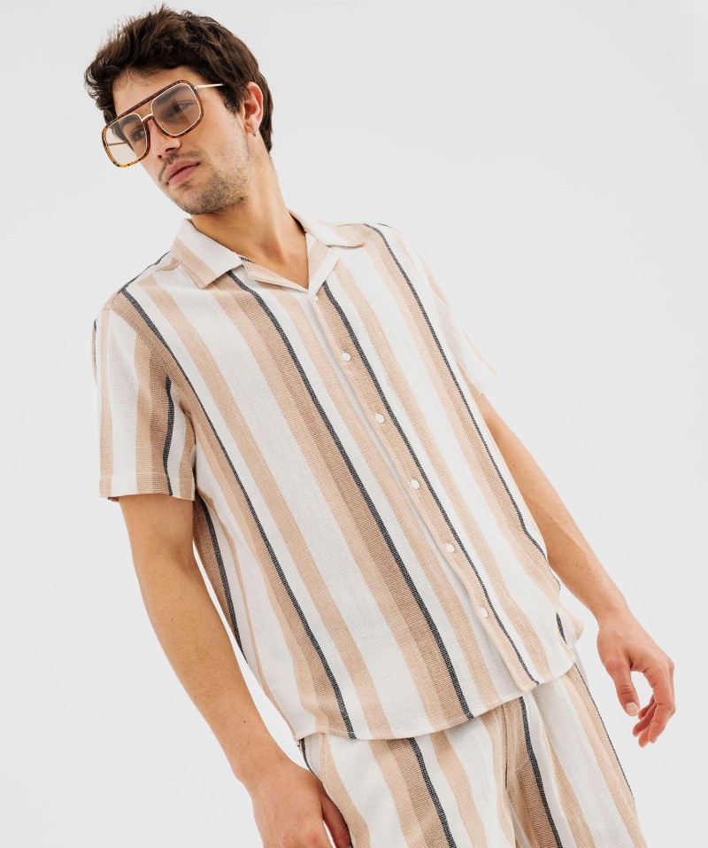 Chemise manches courtes et col cubain à rayures homme[MISSING]